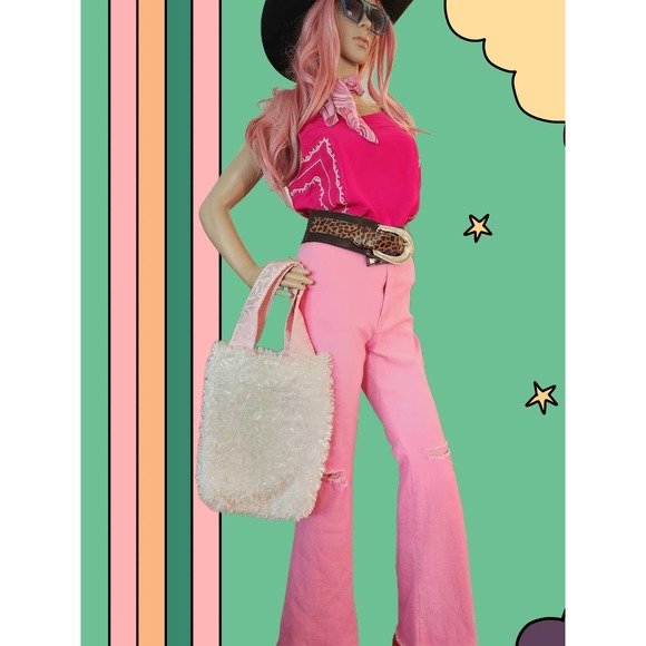 Vintage Pink Bell-bottom Jeans Flare Retro 70's Style Sz L - Picture 2 of 8